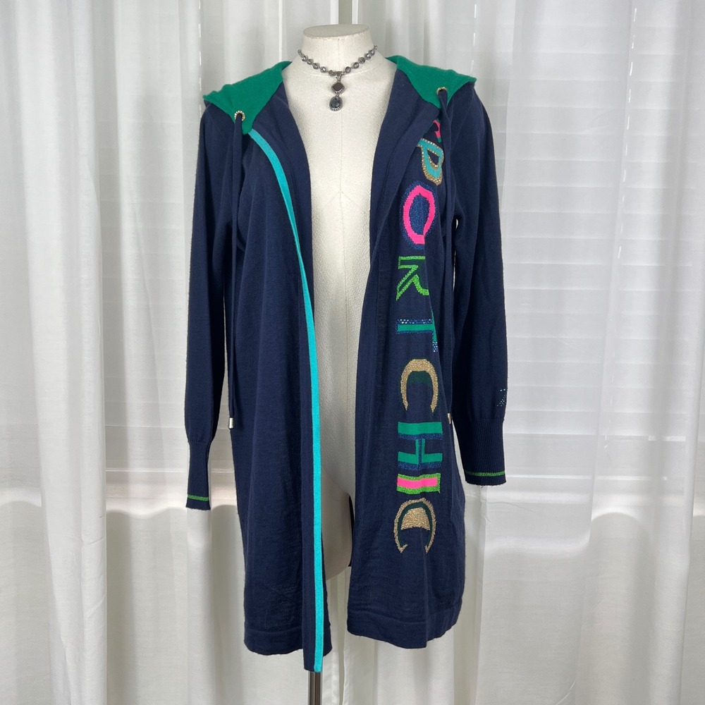 Severi Darling Long Hooded Cardigan Duster Women 12 Blue Merino Cashmere Kidcore